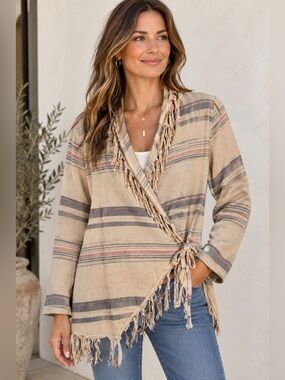 Levi's Beige Striped Fringe Wrap Cardigan